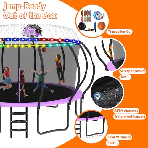 DeepRoar Tranpoline 8/10/12/14/15/16FT Pumpkin Tranpoline for Kids, Heavy Duty Outdoor Tranpolines with Basketball Hoop, Safety Enclosure Net, Light, Sprinkler, Socks, ASTM Approved