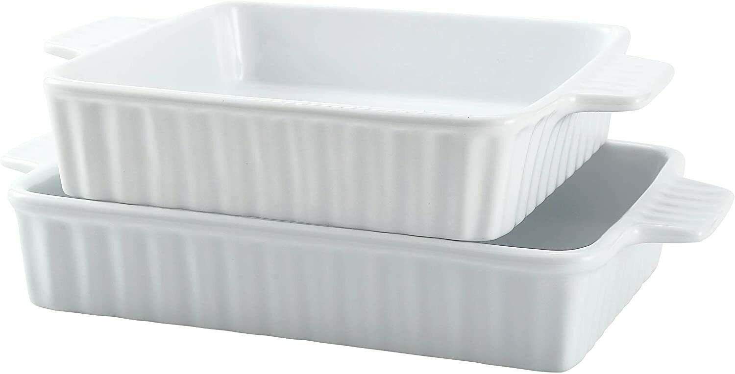 Ceramic Bakeware Set of 2 Rectangular Lasagna Pan Dish 2 Sizes White Baking supplies Kitchen accesso