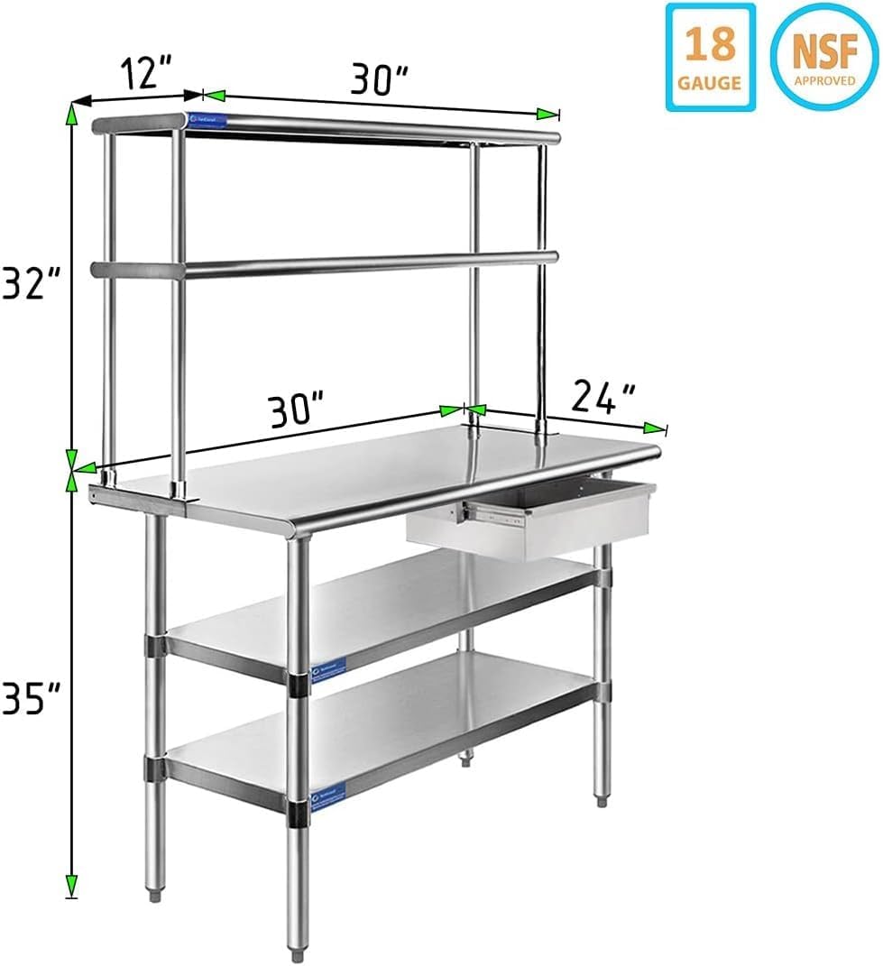 Stainless Steel Work Table | Commercial & Residential Kitchen Laundry Garage Utility Bench | NSF Metal Prep Table (24" x 30" Table + 2 Shelves + Overshelf)