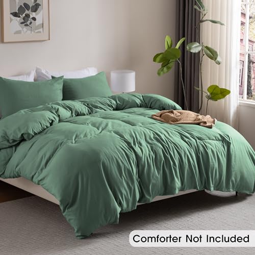 Image of Super Soft Queen Duvet Cover Set, 3 Piece Prewashed Microfiber Cotton-Like Bedding Set, Granite Green Duvet Cover 90x90 with Button Closure, 2 Pillow Shams for All Seasons,Comforter Not Included