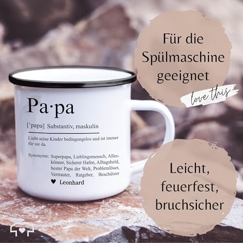 Emaille Tasse Blechtasse - zum Vatertag - Papa Definition Substantiv Geschenkidee Geburtstag Papi Geschenk Weihnachten Danke sagen - 300 ml - Weiß Schwarz - geschenke personalisierte
