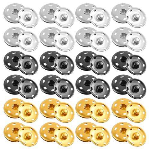 1Inch/21mm Large Sew on Snap Buttons 24 Sets Big Metal Snap Fastener Buttons for Sewing Clothing Press Studs Button for Fabric Sewing DIY Crafts Clothing Shirt Pant (3 Colors)
