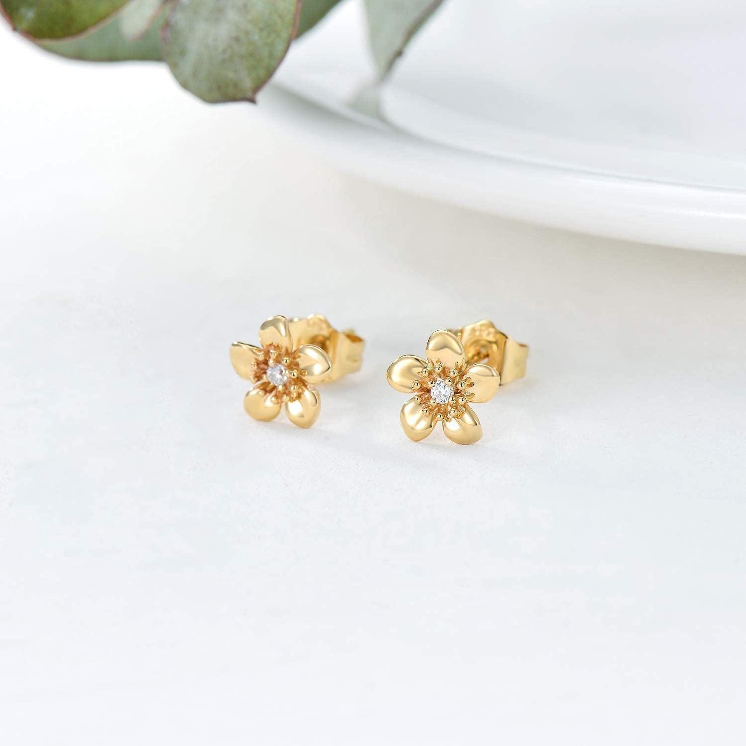 14k Gold Flower Stud Earrings for Women With Push Backs, Yellow Gold Blossom Flower Moissanite/Diamond Earring, Anniversary Mothers Day Jewelry Gifts for Mom/Wife/Friend