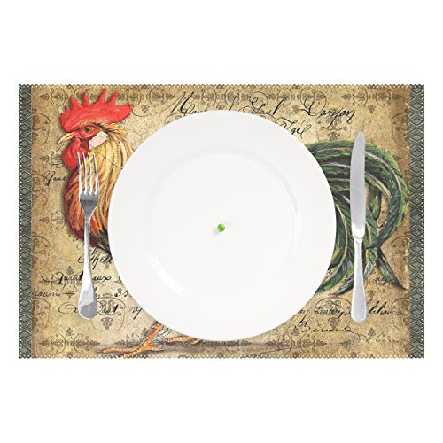 Warmfm Ethel Ernest Vintage Rooster Art Heat-Resistant Placemats, Polyester Tablemat Place Mat For Kitchen Dining Room Set Of 6 #TOP1