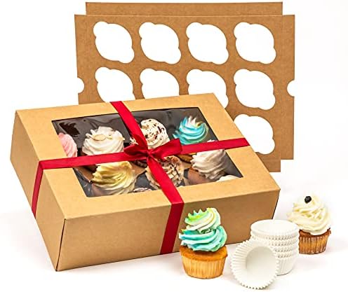 Smirly Cupcake Boxes 12 Count: Disposable Cupcake Containers 12 Count, Cupcake Holder with Lid, Cupcake Carrier, Bakery Boxes with Window, Pastry Boxes, Brown Cookie Boxes with Window Long Treat Boxes
