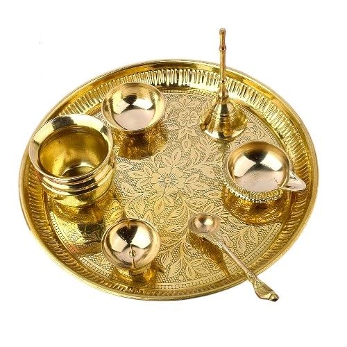 Plateau de puja en laiton BRACOP ensemble de 7 pièces rituelles et déco