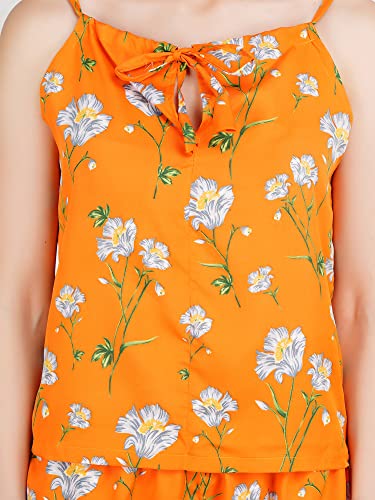 Image of Women's American Crepe Floral Orange Night Suit Set of Top & Shorts