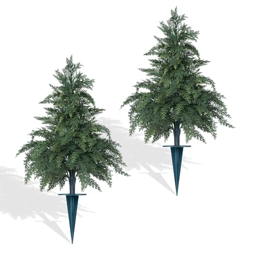 Yangrass 2 Pack 24" Cypress Topiary Trees Artificial Outdoor with Ground Spike, UV Resistant Fake Shrubs Bushes Faux Cedar Pines Trees, Real Touch Faux Evergreen Plants for Home Front Porch Garden