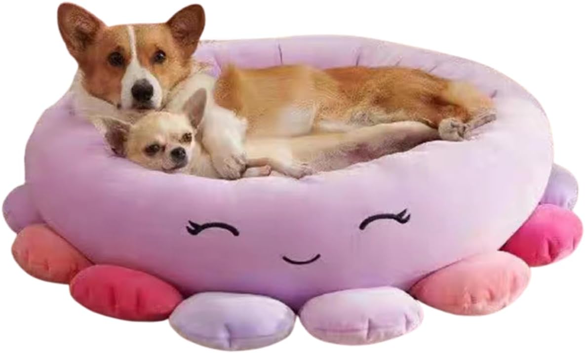 Cute Calming Dog Beds Clearance for Large Dogs, Anxiety Bolster Dog Bed with Octopus Shape, Purple, Boho, Round Pet Bed (Medium)