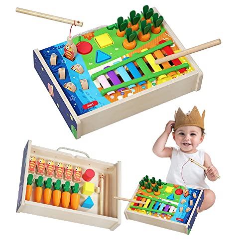 Image of SLQIQIJIE Wooden Toys for Toddlers Age 1+ Year Old 4-in-1 Wooden Toy Set Includes Xylophone, Shape Sorting, Magnetic Fishing, Carrots Harvest for Learning Developmental Toddler Activities