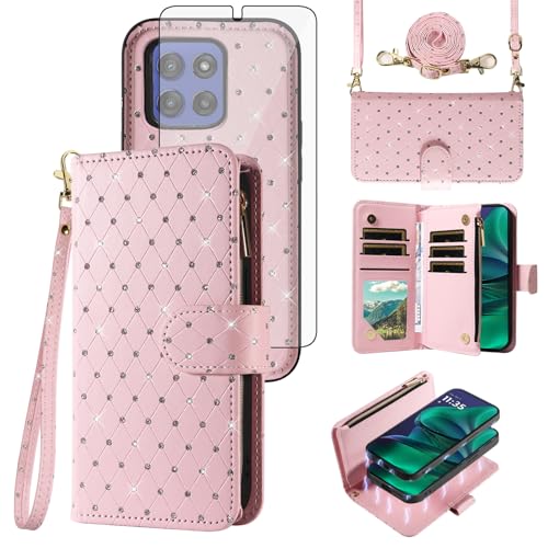 Asuwish Phone Case for Motorola Moto G Stylus 5G 2025 Zipper Wallet Detachable Magnetic Cell Cover with Screen Protector Crossbody Lanyard Strap Glitter Card Holder Slots G5 Women Girls Pink