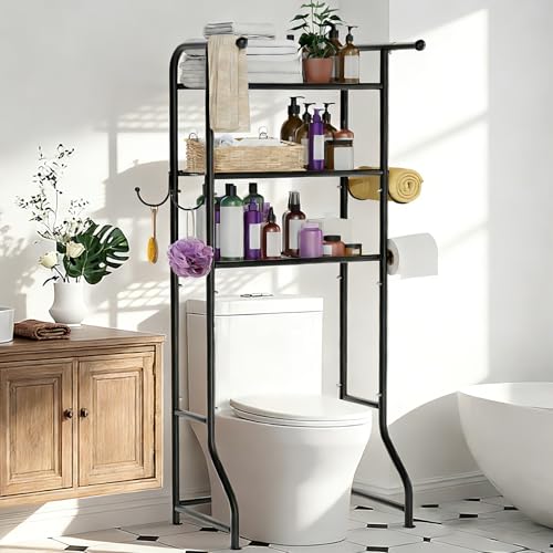 JUKAMO 3-Tier Over The Toilet Storage Shelf,Bathroom Organizers and Storage Over Toilet,Metal Bathroom Space Saver with 2 Bars,1 Paper Holder and 4 Hooks,Black