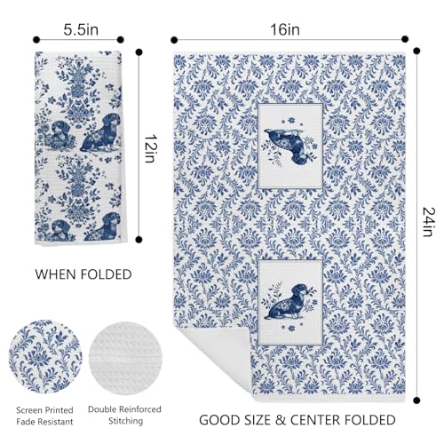 Image of Chinoiserie Dachshund Kitchen & Hand Towels Set of 2, Blue and White Floral Dog Dish & Tea Towels for Kitchen Bathroom Decor, Vintage Toile Dog Lover Gifts for Women 16x24 Inch