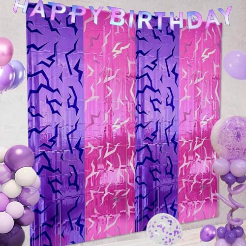 2 Pcs Kpop Party Decorations 3.3 x 6.6 Ft Pink Purple Lightning Foil Fringe Curtains Tinsel Backdrop Girls Music Themed Birthday Party Decorations Photo Booth Background Supplies