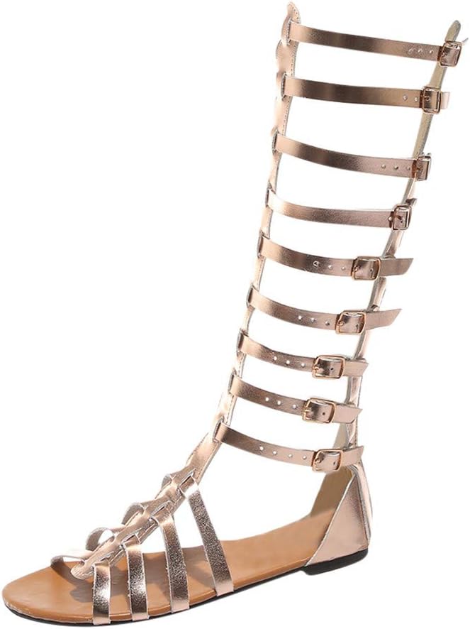 Womens Flat Knee High Gladiator Sandals Strappy Cut Out Open Toe Gladiator Sandals Flat Knee Boots