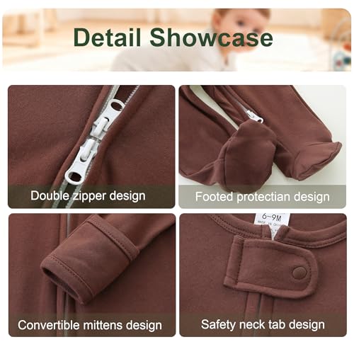 Hikido Toddler Girl's Comfy and Breathable Zipper Jumpsuit Baby Onesie Cotton Footed Soft Bodysuit for 9-12months Kids Brown