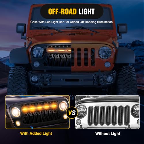 Image of Nilight Front Grill Cover for 2007 2008 2009 2010 2011 2012 2013 2014 2015 2016 2017 2018 Wrangler JK /JKU Rubicon & Sahara Sport with LED Amber Lights Black