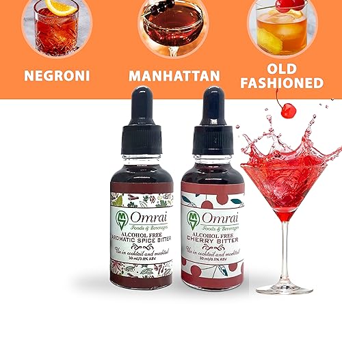 Image of Omrai Foods Spice+Cherry Combo Bitters for Cocktails & Mocktails, 30ml Non-Alcoholic Botanical Bitters | Natural Spice Flavor Enhancer Ideal for Old Fashioned, Negroni, Manhattan, Martini & Gin Tonic