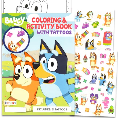 Bluey Temporary Tattoos Party Pack - Bundle with 50+ Temporary Tattoos and Coloring Book with Activity Pages Games More | Bluey Party Supplies
