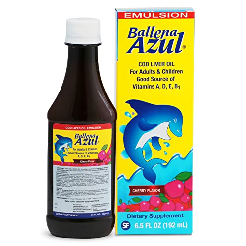 Ballena Azul Aceite De Hígado De Bacalao Para Adultos Y Niños, Cod Liver Oil For Adults And Children, Good Source Of Vitamins A,D,E, B1, Dietary Supplement, Omega 3, Inmune System Boost, (Cherry)