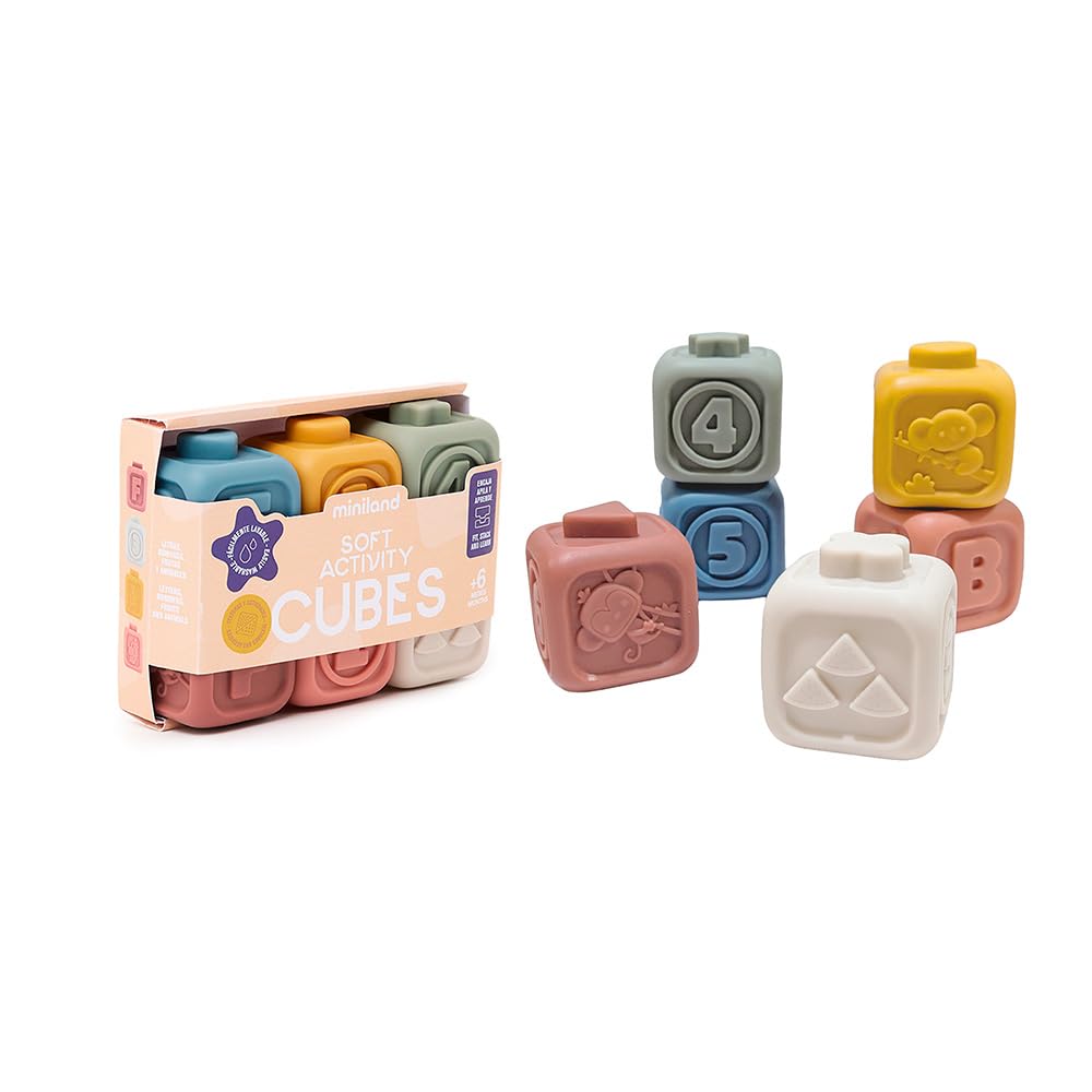 Miniland Silicone Sensory Cubes for Babies with Textures, Sound and Reliefs for Multisensory Play, Boys and Girls from 6 Months | Soft Activity Cubes
