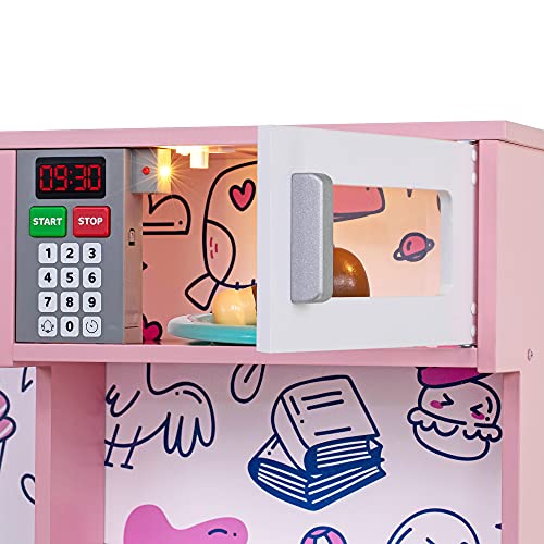 Lil' Jumbl Kids Kitchen Set, Pretend Wooden Play Kitchen, Battery Operated Icemaker & Microwave With Realistic Sound, Pots & Pan Included - Pink #TOP6
