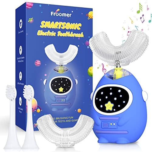 Froomer Kids U Shaped Electric Toothbrush with 4 Brush Head, 3 Cleaning Modes, 360° Full Mouth Cleaning Toddler Automatic Toothbrushes,Smart Timer Toothbrushes for Children