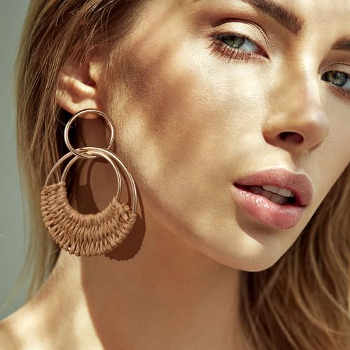 4 Pairs Handmade Raffia Rattan Bohemian Round Drop Dangle Earrings for Women, Boho Statement Cute Fun Hoop Earrings Set4