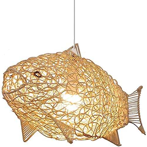 Free Shipping 🛒 SkyTalent Fish-Shaped Lantern Pendant Lighting Rattan Light, 24inch Weaving Natural Wicker Ceiling Hanging Light Woven Chandelier with Adjustable Cord for Dining Room Living Room Restaurant