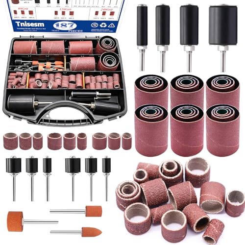 Tnisesm 187 PCS Sanding Drum and Sleeves Kit – Includes 2inch Spindle Sander Sleeves (60/80/120/240 Grit), 4 Rubber Sanding Drums, 1/4-Inch Shank,Versatile Sander Accessory with Box
