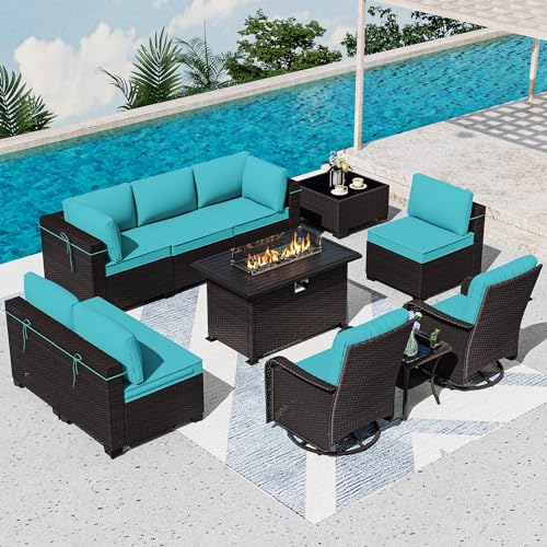 ASJMR 11 Pieces Patio Furniture Set with 2 Swivel Chairs Patio Furniture Outdoor Sectional Sofas with 55000 Gas Fire Pit Patio Conversation Set w/7 Cushions-