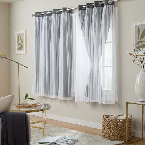 Image of TOWN & COUNTRY LUXE Talia Double Layer Indoor Curtains, Sheer and Room Darkening Blackout, Grommet Top, Energy Efficient, 2-Pack Set, 52 inchx63 inch, Black Pearl