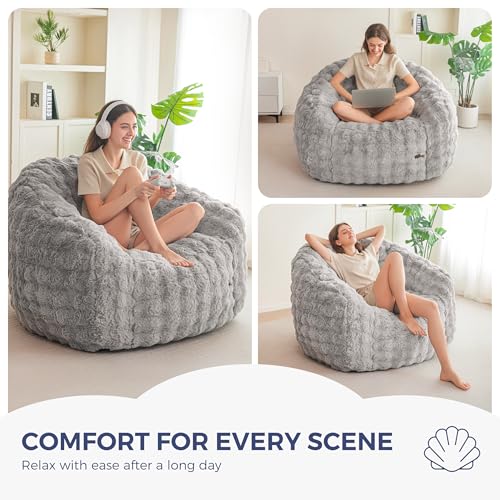 Image of MAXYOYO Giant Bean Bag Chair for Adults, Stuffed Shell-Shaped Large Bean Bag Couch, Cozy Living Room Chair with Filler, Floor Sofa Lazy Sofa for Bedroom Living Room, Grey