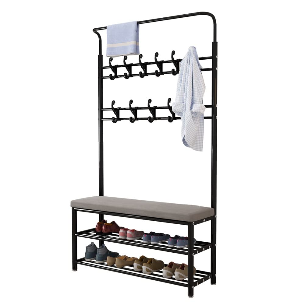 Elegancki wieszak na ubrania 4 w 1 z miejscem do przechowywania butów, solidny metalowy nizer wejściowy z haczykami, industrialny design, stylowy i funkcjonalny futerko do przedpokoju, idealny do