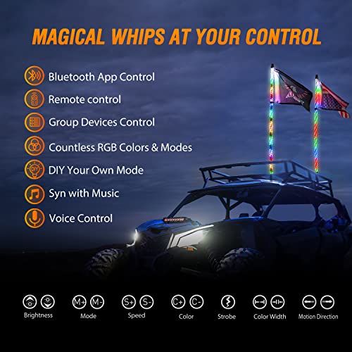 Image of Nilight 2PCS 3FT RGB LED Whip Light, Remote App Control w /DIY Chasing Patterns Stop Turn Reverse Lighting Modes Safety Lighted Antenna for ATV UTV Polaris RZR Can-am Dune Buggy Jeep