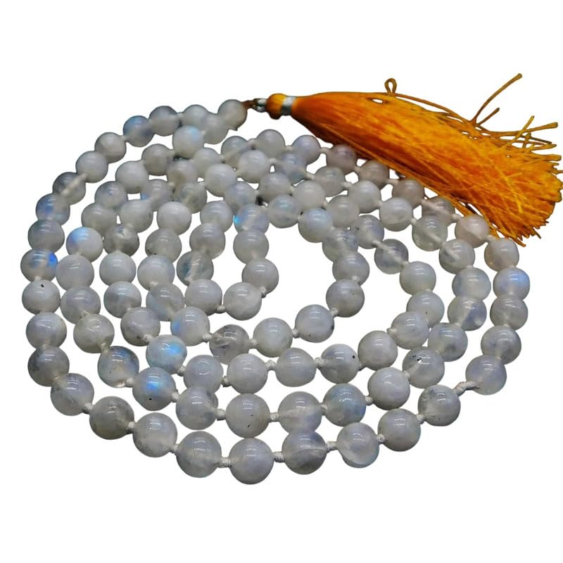 Collar Mala Natural AAA arcoíris blanco 108|Collar Mala con cuentas de oración 108| Mala anudada a mano | Japa Mala| Cuentas redondas de 6 mm | Borla de meditación