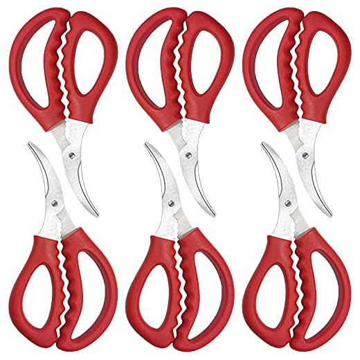TIHOOD 6PCS Kitchen seafood scissors Fish Scissors Crab Scissors lobster shrimp crayfish crawfish Scissors, Multifunctional stainless steel shears Seafood Scissors (Red)