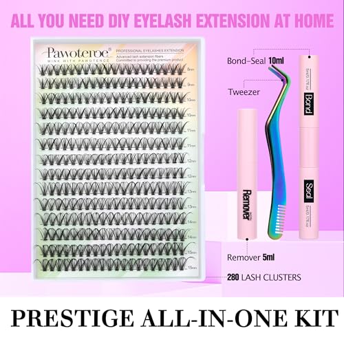 Image of Pawotence Lash Extension Kit DIY 280pcs Individual Lash Clusters Kit 30D Cluster Eyelash Extensions Kit with Lash Bond and Seal, Lash Remover, Lash Tweezers for Self Use (30D, 8-15mm, All Kit)