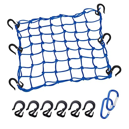 Thewinio Cargo Net 15"x15" Stretches to 30"x30" with Thicken Hooks | Natural Latex Core, Tight 2”x2” Mesh Small Heavy Duty Bungee Net for Motorcycle Helmet, Bike, ATV, UTV, Luggage (Blue,1 Pack)