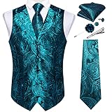 DiBanGu Mens Vest Tie Set 7PCS Silk Paisley Suit Waistcoat and Necktie Hankerchief Cufflinks Lapel Pin Set for Wedding Party, Turquoise, Medium