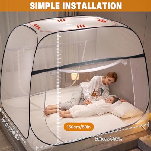Image of HASTHIP Pop-Up Mosquito Net Tent for Double Bed, 200 * 150 * 150Cm, Dual Zip Doors, Secure Mattress Straps, Foldable Universal Frame, Breathable Mesh, Durable & Elegant Design, Easy Storage, Blue