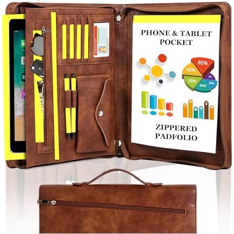 AZXCG portfolio binder,Vegan Pu Leather Padfolio for Men and Women,Organizer Binder with Zippered, A4 Notepad Holder, Fits 13.3" iPad, Portable Portfolio with Handle and Business Card - Vintage Brown Cover