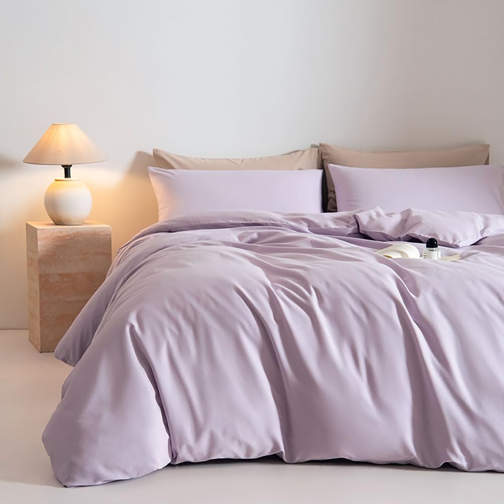 Parure de lit 135x200 lilas en coton violet 2 pièces avec taie d'oreiller
