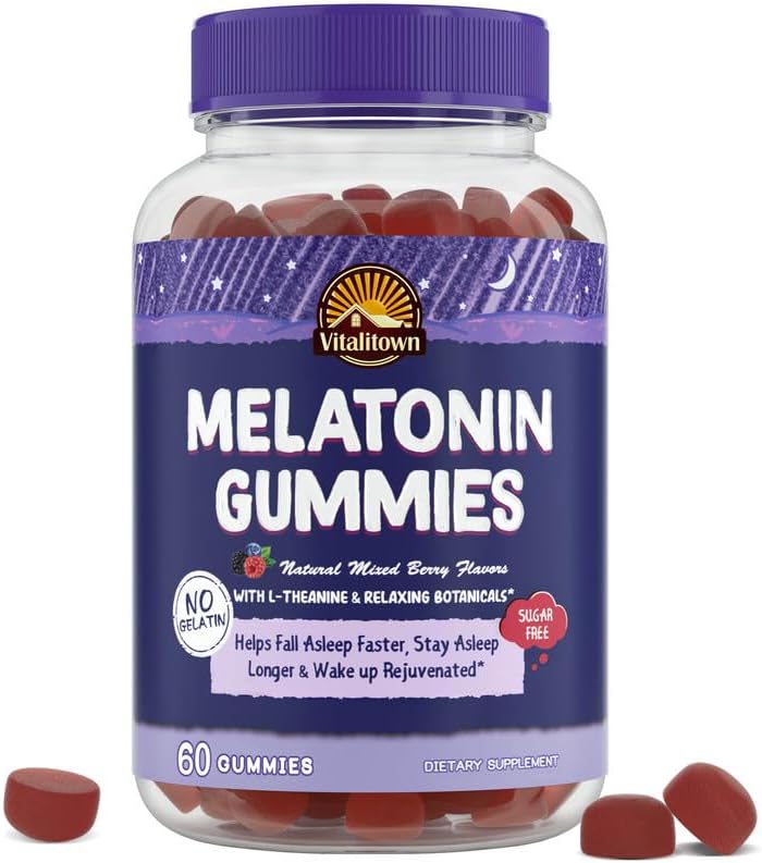 VITALITOWN Melatonin Gummies 2.5mg, Zero Sugar, Vegan, L-Theanine, Chamomile, Passion Flower & Lemon Balm, Berry Flavor, 60 Count, No Gelatin