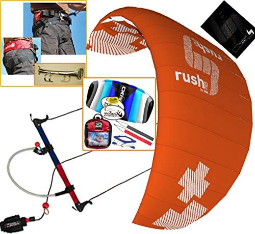 HQ HQ4 Rush Pro 350 3.5M Kiteboarding Trainer Kite Harness Bundle (7 Items) Includes Peter Lynn Base Harness + Loop + 2ND Kite CX 1.5M Foil Strap Kite + WindBone Decals + Key Chain + WB Koozy Cooler
