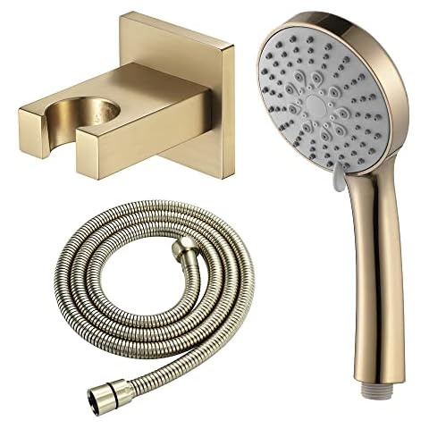 Handheld Shower Head Set 5 Spray Modes Shower Head High Pressure Hand Shower Head with Shower Hose and Shower Holder, Brushed Gold, ABS, Water Saving Cover