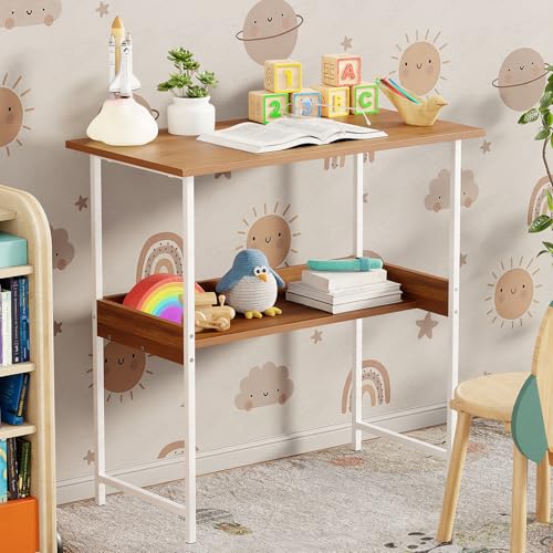 Image of Lukzer Study Desk with Open Storage Shelf | MST-004S /White & Oak Brown | Durable Metal & Wooden Study Table for Home & Office | Space-Saving Laptop /Computer Workstation for Students & WFH(75x40x75 cm)