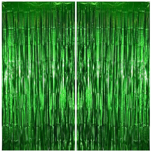 Image of Matte Green Foil Fringe Curtain Backdrop Party Decorations 2PCS