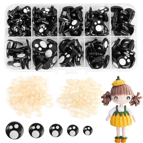 LOMIMOS Yeux de Sécurité Amiqurumi,100 PCS Yeux Crochet, Yeux Peluche avec Rondelles，Yeux Amigurumi en Plasique pour DIY Poupée Peluche,Marionnettes...