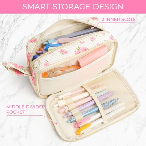 Image of WOBAGMEN Cute Pencil Case,Large Corduroy Zippered Pencil Case Pouch, aesthetic Pencil Bag with Compartments, Pencil Pouch School Supplies (Big Pink Floral)